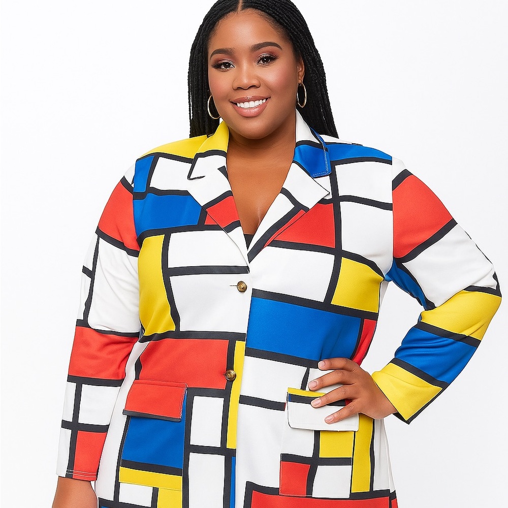 Women’s 3X Colorful Geo Long Trench Style Coat Blazer Jacket Duster Cardigan